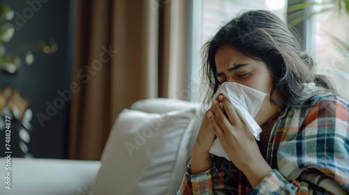 Covid-19 lockdown, treatment of illness, cold and runny, copy space. A sad female indian wearing plaid is sick on the sofa, blowing her nose in a napkin.