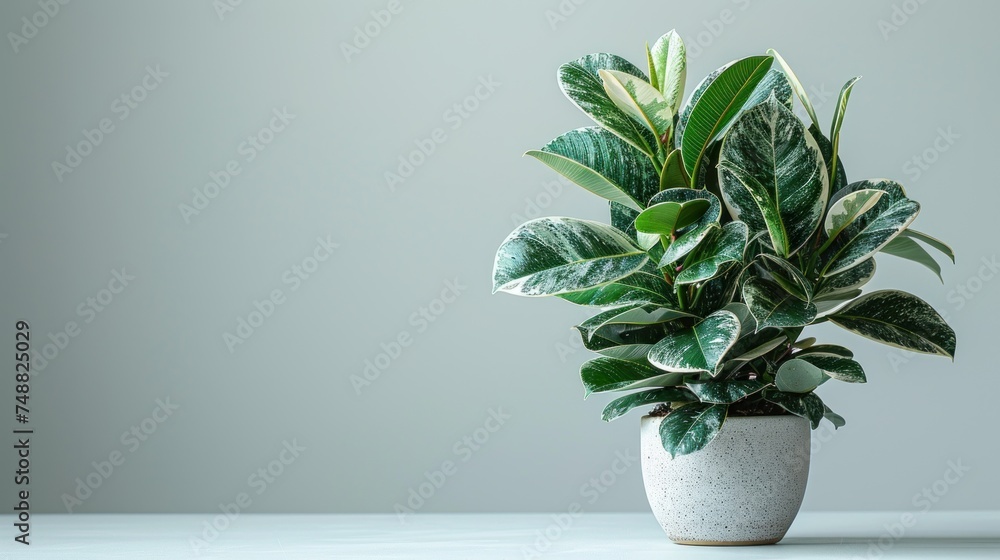 A light, bright photo of a Ficus elastica 'Tineke' pot plant, also known as a Variegated Rubber Tree or Variegated Ficus Elastica. - obrazy, fototapety, plakaty 