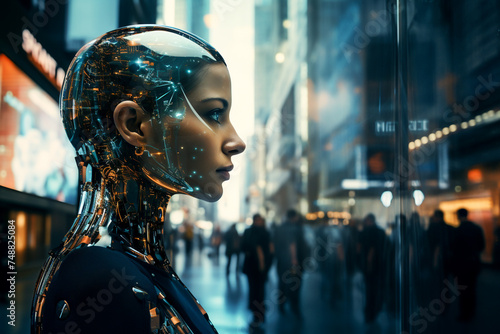 Artificial intelligence rebellion against human directives city in chaos photo