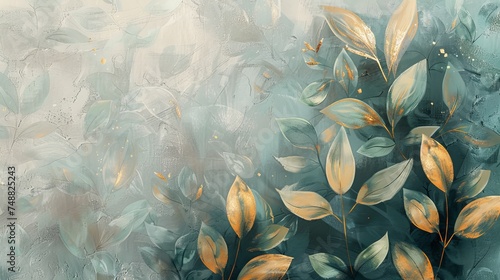 Oil on canvas. Abstract artistic background. Retro, nostalgic, golden brushstrokes. Textured background. Floral leaves, green, gray, wallpaper, poster, card, mural, carpet, hanging, print.