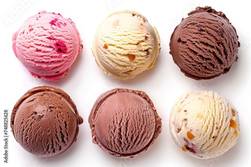 Four different ice cream balls or scoops isolated on white background. Vanilla, strawberry, chocolate, and caramel flavors.