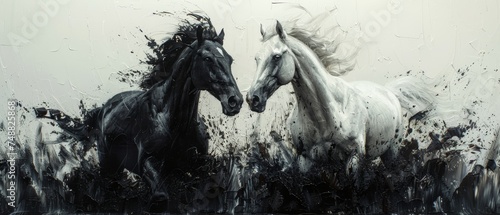 Detailed painting of modern abstract art, with metal elements, texture background, and animals and horses. photo