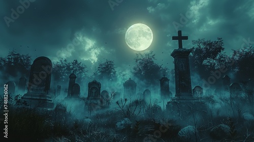 An illustration of a graveyard at night with a moon in a cloudy sky and bats.