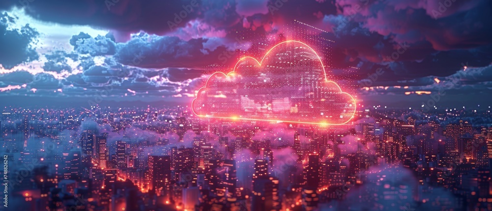 The concept of cloud computing. Smart city wireless internet communication with cloud storage, cloud services. Data download and upload to a server. Digital cloud over a virtual Smart City on a