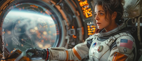 Spacesuit-clad female astronaut hovers in weightlessness inside spaceship against backdrop of window. Women work with control panels on space station. Hologram of Earth on monitor. photo