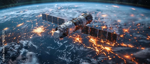 A global satellite internet communications concept. Satellites transmit digital signals from space to globes. Satellite dishes translate communication signals. Wireless global network technology.