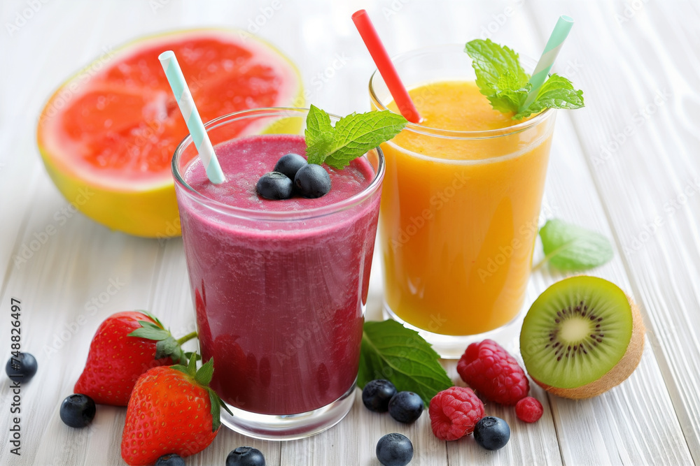 Colorful fruit smoothies in glasses, garnished with berries and mint, offering a refreshing and healthy choice. Colorful fruit smoothies in glasses, garnished with berries and mint, offering a refreshing and healthy choice.
