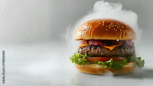 A delicious hamburger enveloped in a subtle wisp of smoke photo