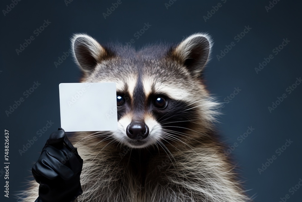 Cute raccoon in a suit holds empty blank white card in his paws on a dark background