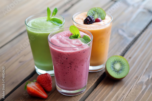 A lineup of assorted fruit smoothies, each garnished with fresh fruits or mint, displayed on a wooden table.