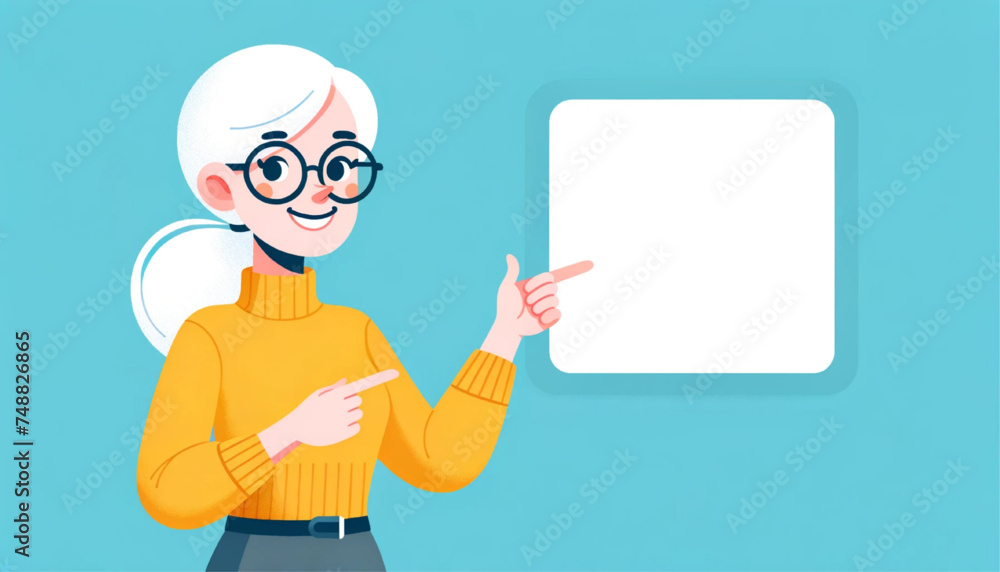 joyful white woman with glasses, dressed in a yellow sweater pointing at copy space joyful white woman with glasses, dressed in a yellow sweater pointing at copy space