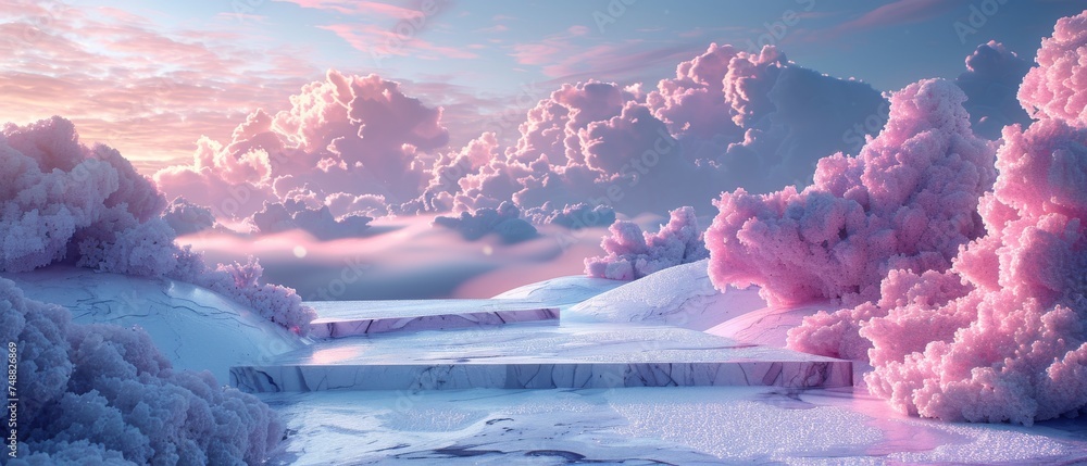 Featuring a Snow-Covered Marble Podium Against a Backdrop of Pink Clouds and a Whimsical Pink Background, a 3D Rendered Podium has been set amid a dreamlike natural skyline of blues and pinks.
