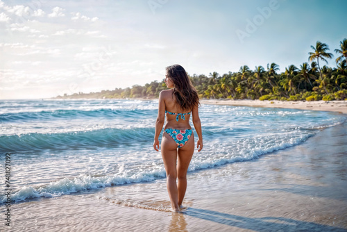 A woman in a bikini walks on the beach.