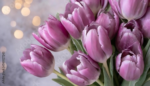 A bouquet of soft tulips gracefully rests against a textured backdrop, their delicate petals slightly closed as if in a shy embrace © CreativeVirginia