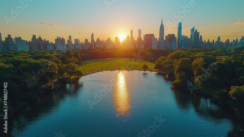 Aerial Helicopter Photo Over Central Park with Nature, Trees, People Having Picnic and Resting on a Field Around Manhattan Skyscrapers Cityscape.