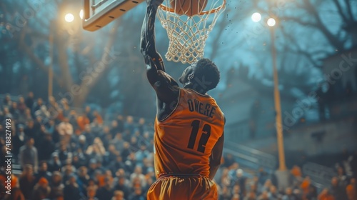 African American National Basketball Superstar Player Scoring a Powerful Slam Dunk Goal with Both Hands In Front Of Cheering Audience Of Fans. Cinematic Sports Shot with Back View. photo