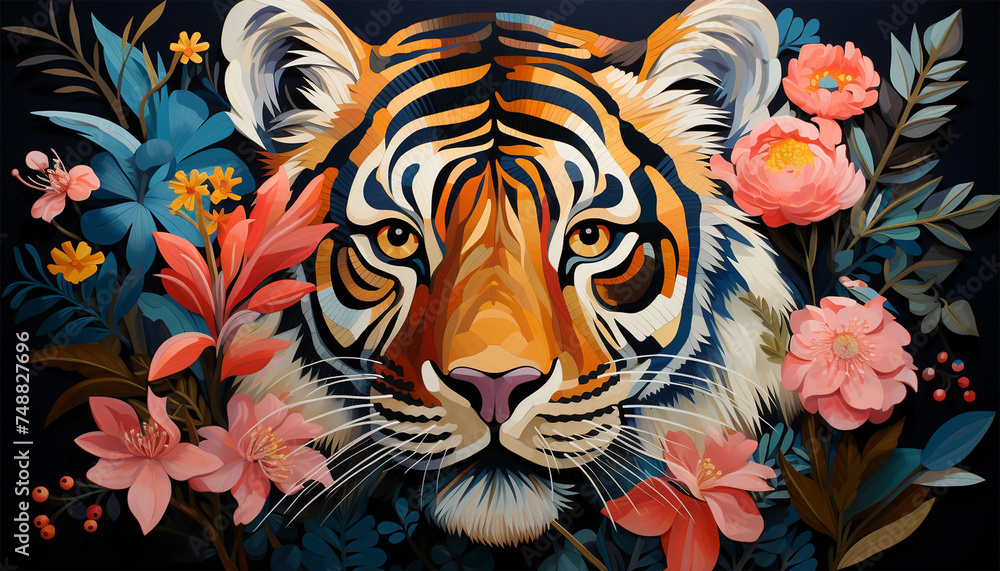 Fototapeta premium Tropical background with exotic flowers,Portrait of a Tiger surrounded with flowers pastel colors. Tropical jungle