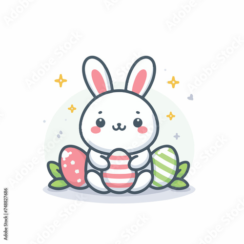 Cute Little Rabbit With Easter Eggs  Vector Illustration © Yohanessoekamti