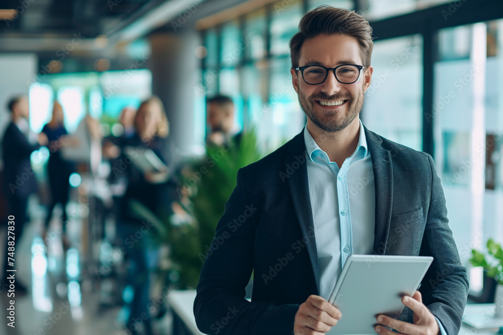 businessman, holding a digital tablet with a cheerful smile, stands confidently in a modern boardroom with colleagues with futuristic digital on a blue indoor office background businessman, holding a digital tablet with a cheerful smile, stands confidently in a modern boardroom with colleagues with futuristic digital on a blue indoor office background