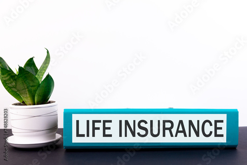 Folder with the text label Life Insuranse lies on a dark table with a flower and a light background.