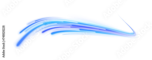 Blue air flow wave effect set. Design element for visualizing air or water flow. Light, light garland PNG. Light arc in blue colors, in the form of a turn and a zigzag. 