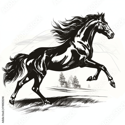 Dynamic Horse Sketch in Motion on a Rustic Countryside Background ©  Lusien