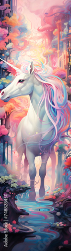 Magical pastel unicorns racing in a high tech fantasy world