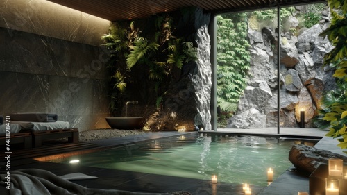 Candlelit indoor pool with natural backdrop - An opulent indoor pool with candle lighting  next to a natural stone wall and lush flora