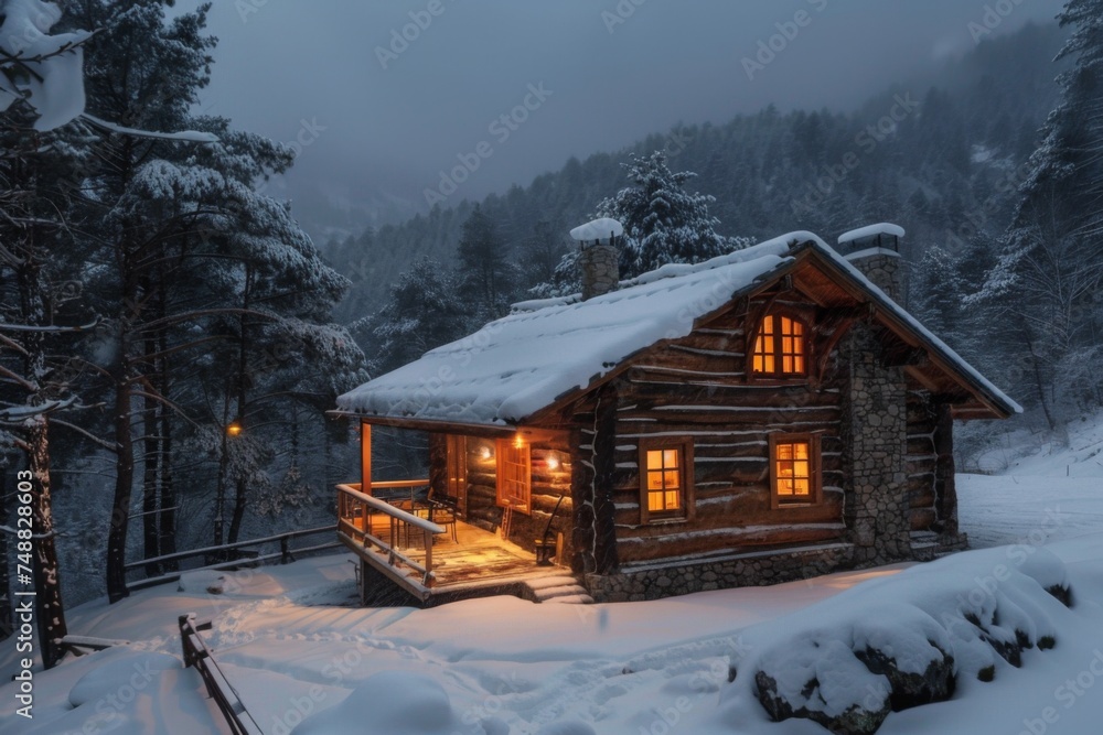 Cozy winter cabin in snowy forest - A warm and inviting cabin lit up amidst a serene snow-covered pine forest during a winter evening