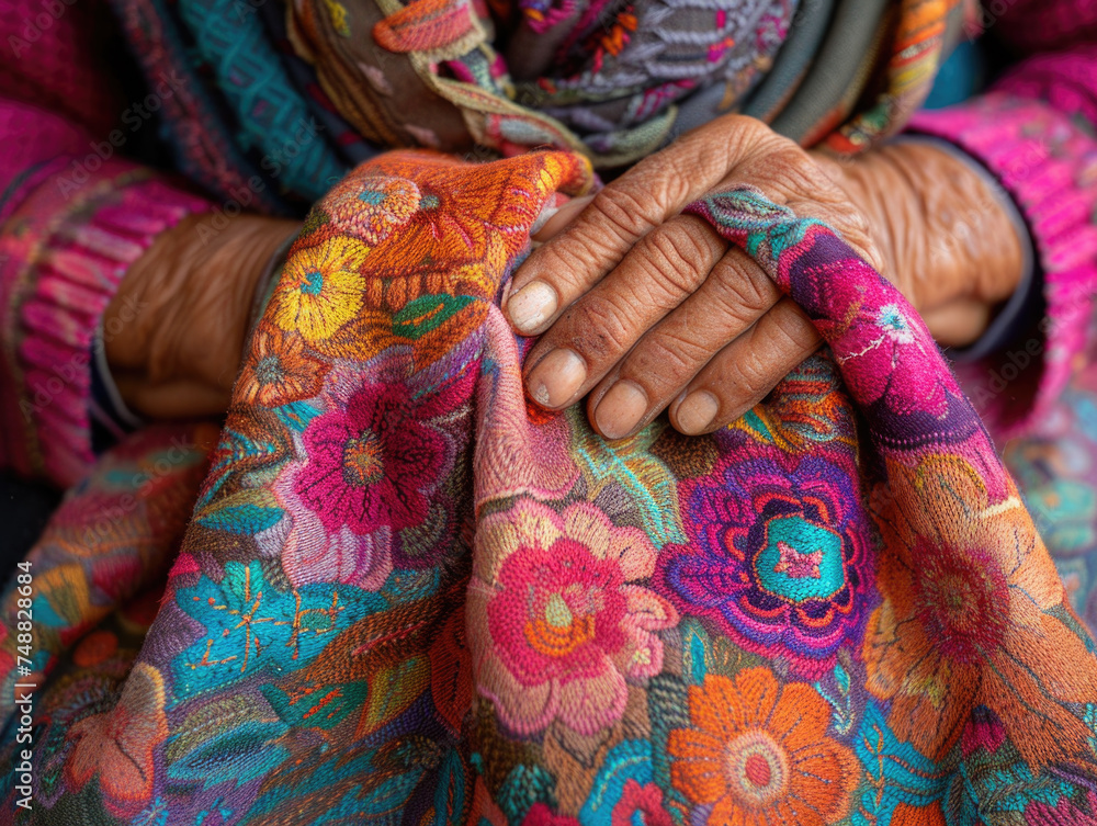 Detailed close-up photo of an elderly person's wrinkled hands resting on a vibrant, floral-patterned textile..