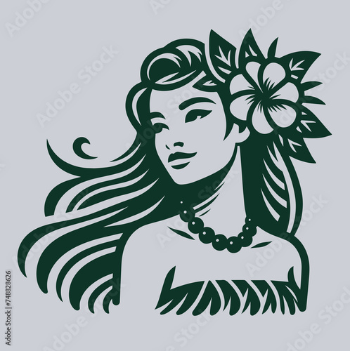 Beautiful Hawaiian young woman with flowers in her hair. vintage flat simple vector monochrome filled illustration. Icon, emblem, logo