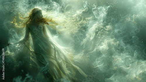 Mystical Woman Floating in Ethereal Green Mist.