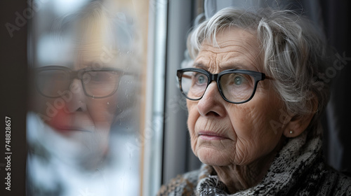 Close up Sad Asian Senior elderly woman looking out of window in bedroom, boring feel