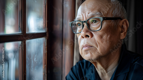 Close up Sad Asian Senior elderly man looking out of window in bedroom, boring feel