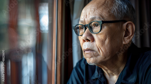 Close up Sad Asian Senior elderly man looking out of window in bedroom, boring feel