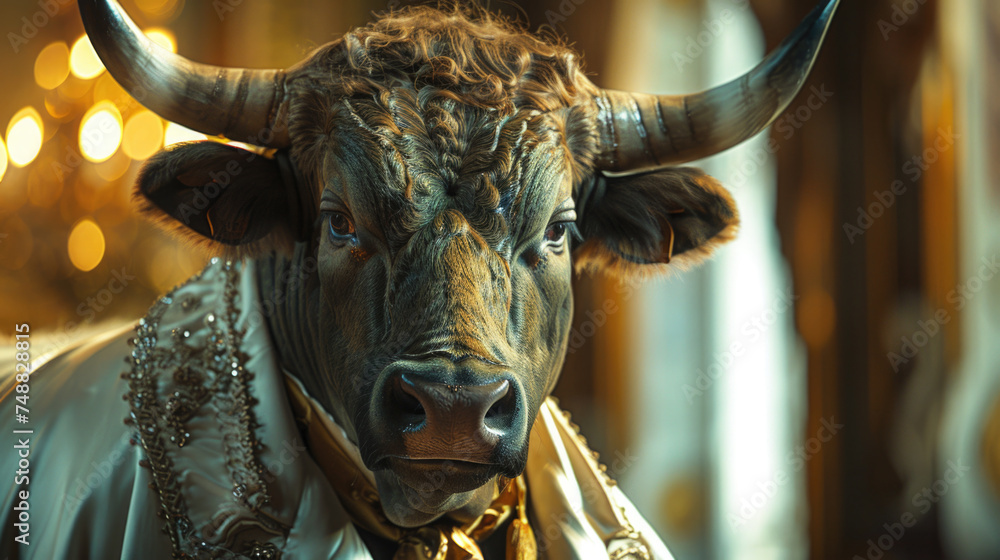 a majestic bull, anthropomorphized and dressed in a flawless, designer white suit a majestic bull, anthropomorphized and dressed in a flawless, designer white suit