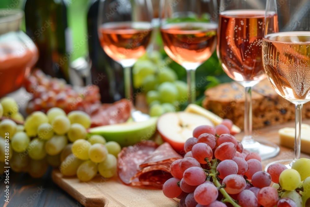 Elegant wine and charcuterie selection - A lush spread of grapes, cheese, and wine representing sophistication and taste, perfect for social gatherings