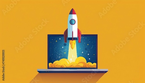 Elevating Ideas: Rocket Rises from Laptop Display, the elevation of ideas and concepts with an image showing a rocket ascending from the screen of a laptop, AI