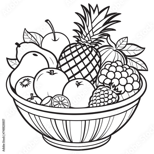 Fruits on a Basket coloring page, Fruits outline drawing coloring book pages for children