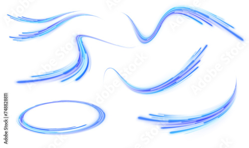 Wavy transparent curved lines in the form of the movement of sound waves in a set of different shapes of whirlpool, twist, spiral. Blue stripes in the form of drill, turns and swirl. 