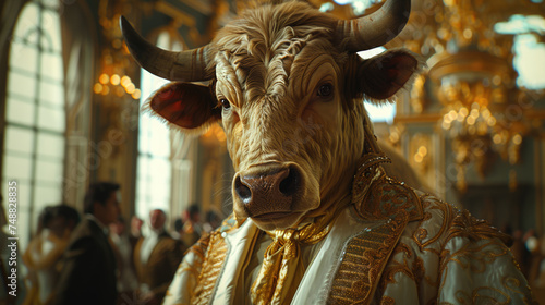 a majestic bull, anthropomorphized and dressed in a flawless, designer white suit
