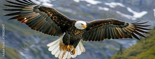 a bald eagle as it soars gracefully over the breathtaking Alaskan wilderness, with snow-capped mountains and dense evergreen forests. photo