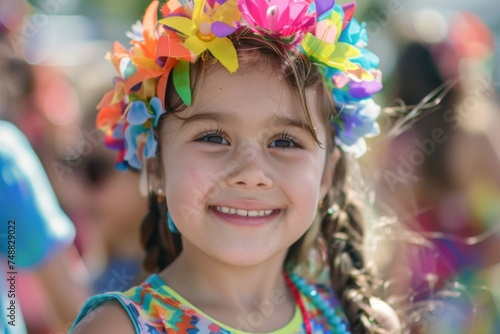 Girl with flower crown smiling brightly - A smiling girl adorned with a colorful flower crown outdoors on a sunny day