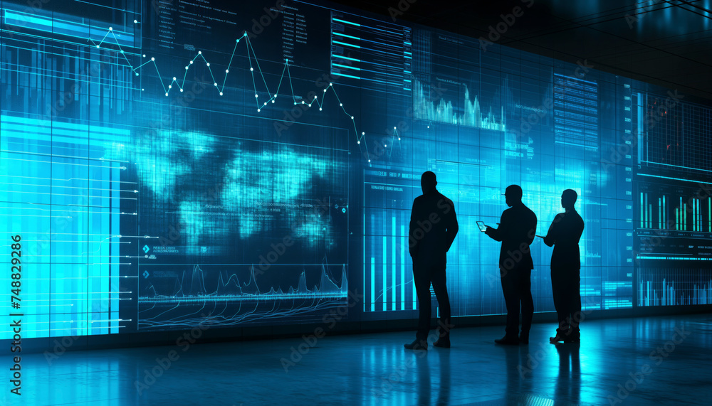 business chart and graph of men looking monitors trading and interacting with futuristic touchscreens and devices on a blue background, showcasing the seamless integration of human touch and digital i business chart and graph of men looking monitors trading and interacting with futuristic touchscreens and devices on a blue background, showcasing the seamless integration of human touch and digital i