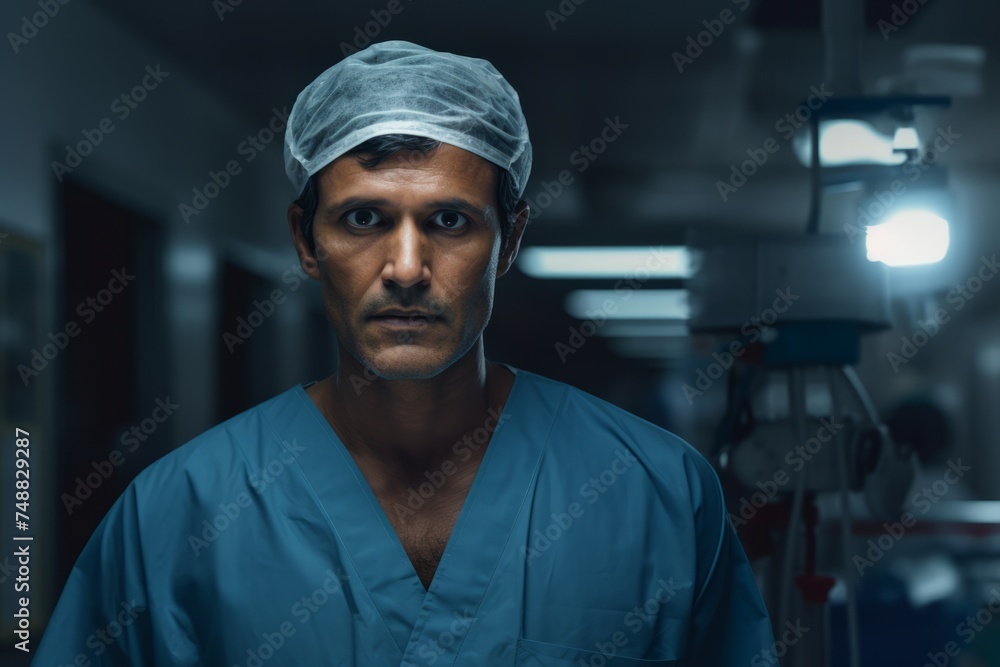 Portrait of happy indian doctor medical worker in surgical clothing in an operating room, concept of surgery and professionalism in the medical field	
