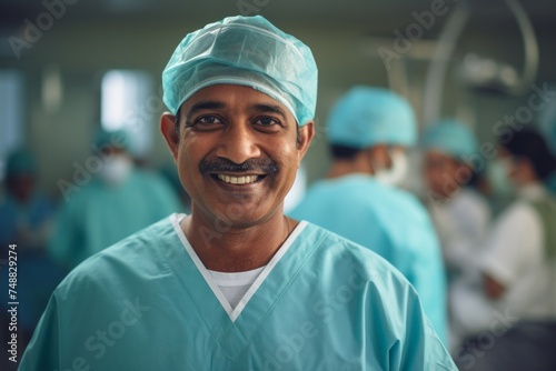 Portrait of happy indian doctor medical worker in surgical clothing in an operating room, concept of surgery and professionalism in the medical field 