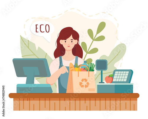Eco green store cashier. Woman giving eco friendly bag. Isolated on white background
