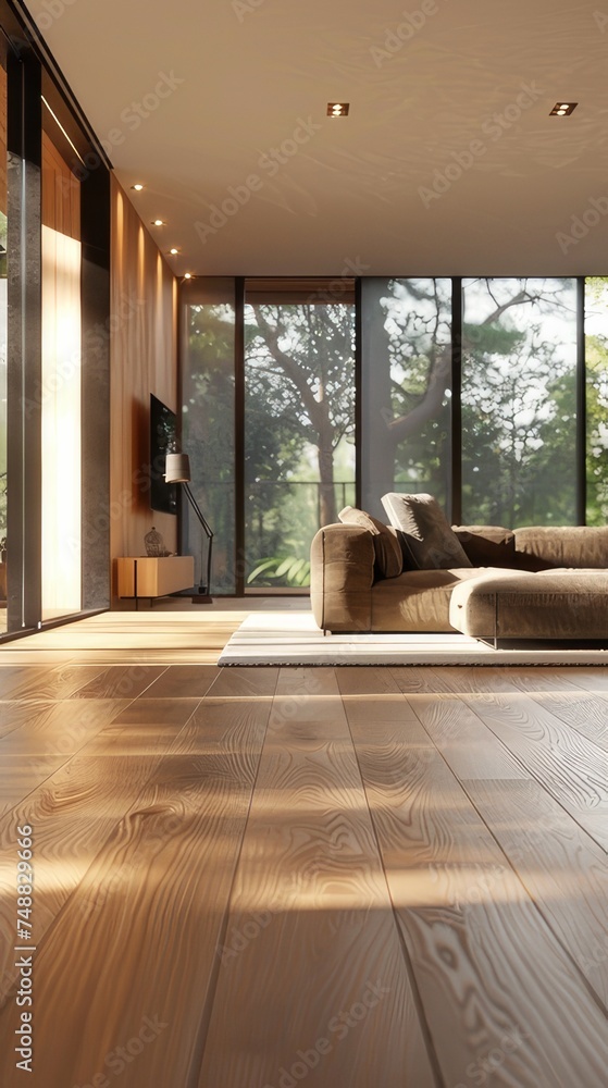 Fototapeta premium a modern living room featuring sleek oak parquet flooring gleaming under abundant natural light, the interplay between textures and surfaces, from the shiny floor to the plush furnishings.
