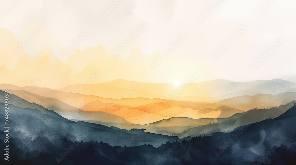 Watercolor painting of mountains and shining sunlight.