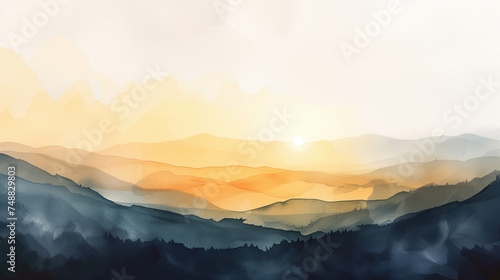 Watercolor painting of mountains and shining sunlight. © Gun